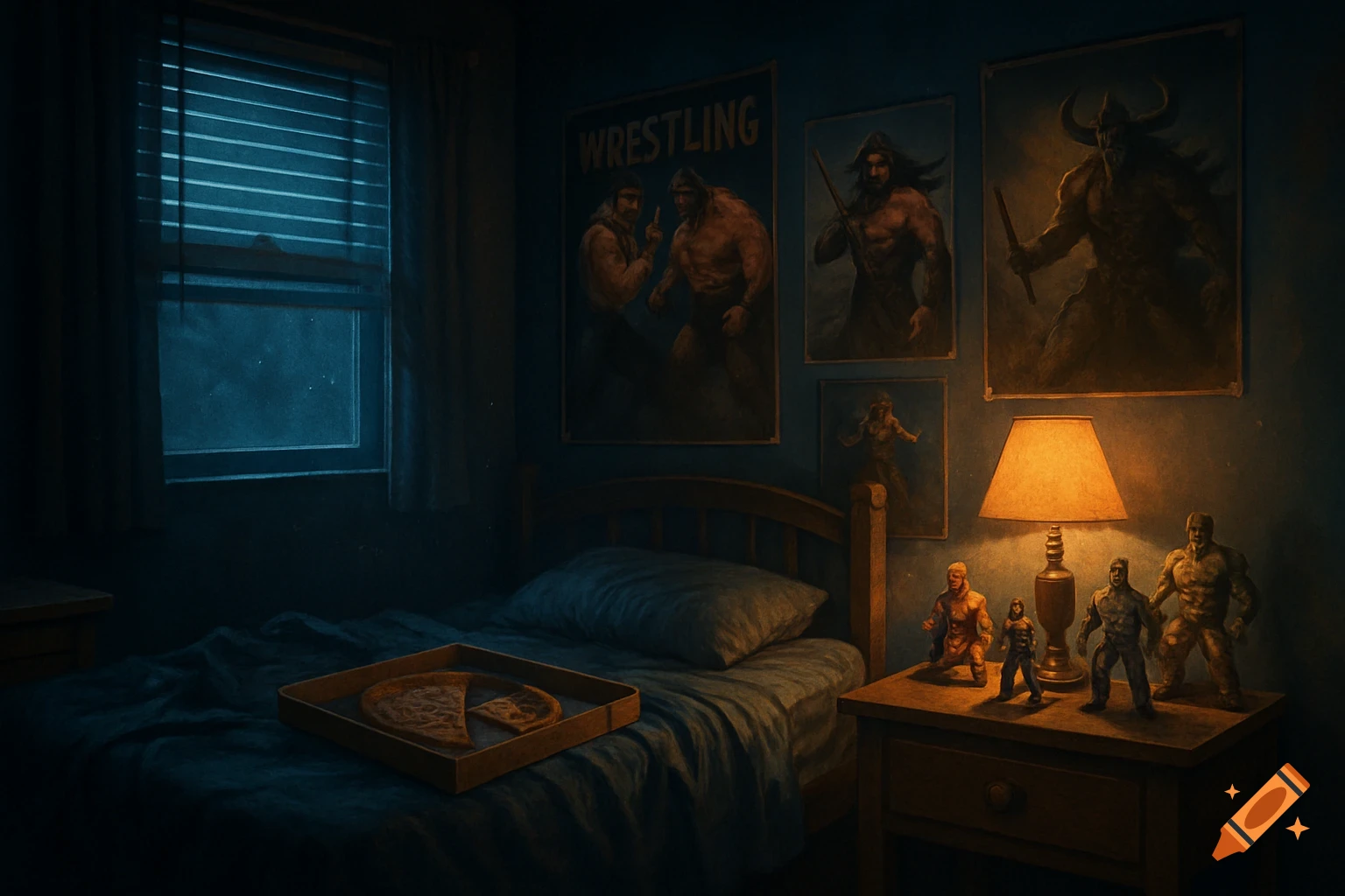A dimly lit bedroom at night, featuring wrestling and fantasy hero posters on the walls, a half-eaten pizza on the bed, and action figures on a bedside table with a lit lamp.