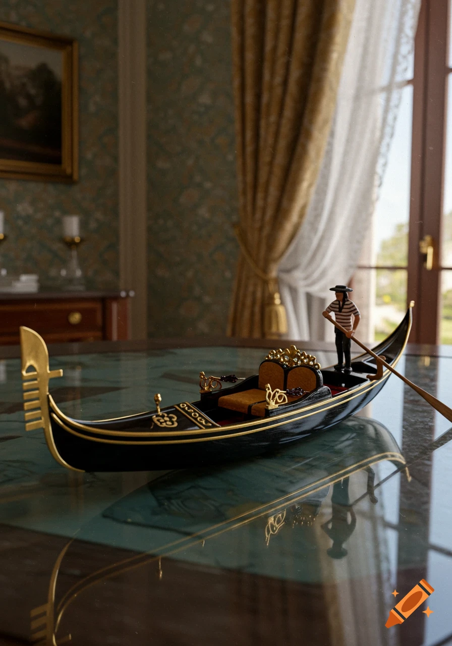 A photorealistic image of a miniature black and gold gondola with a small gondolier figure, sitting on a glossy table indoors.