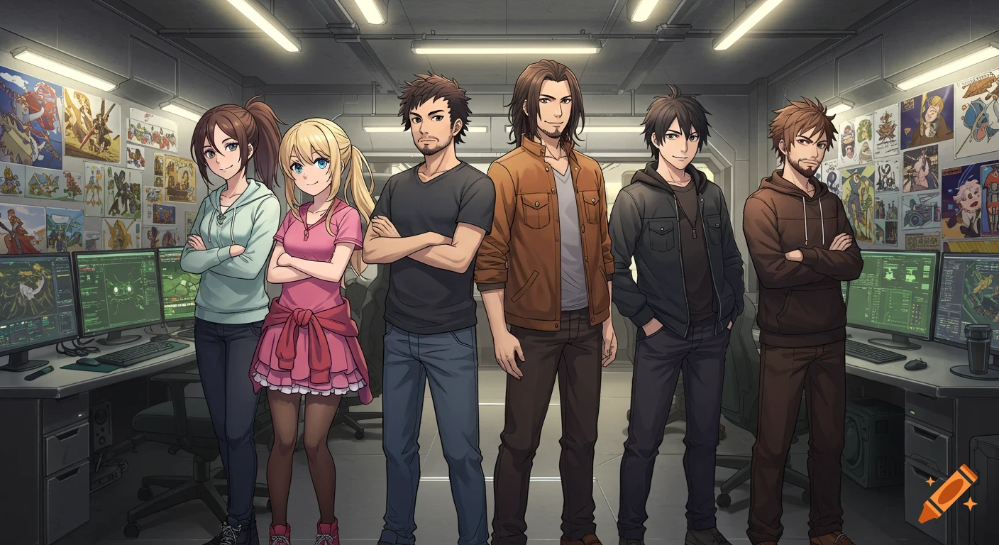 Five anime-style game developers, two women and three men, stand in a modern gaming studio with glowing monitors and concept art on the walls.