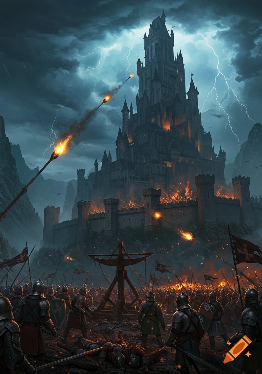 A dramatic painting depicts a towering dark castle under siege, with an army, fire, and lightning in a stormy sky.