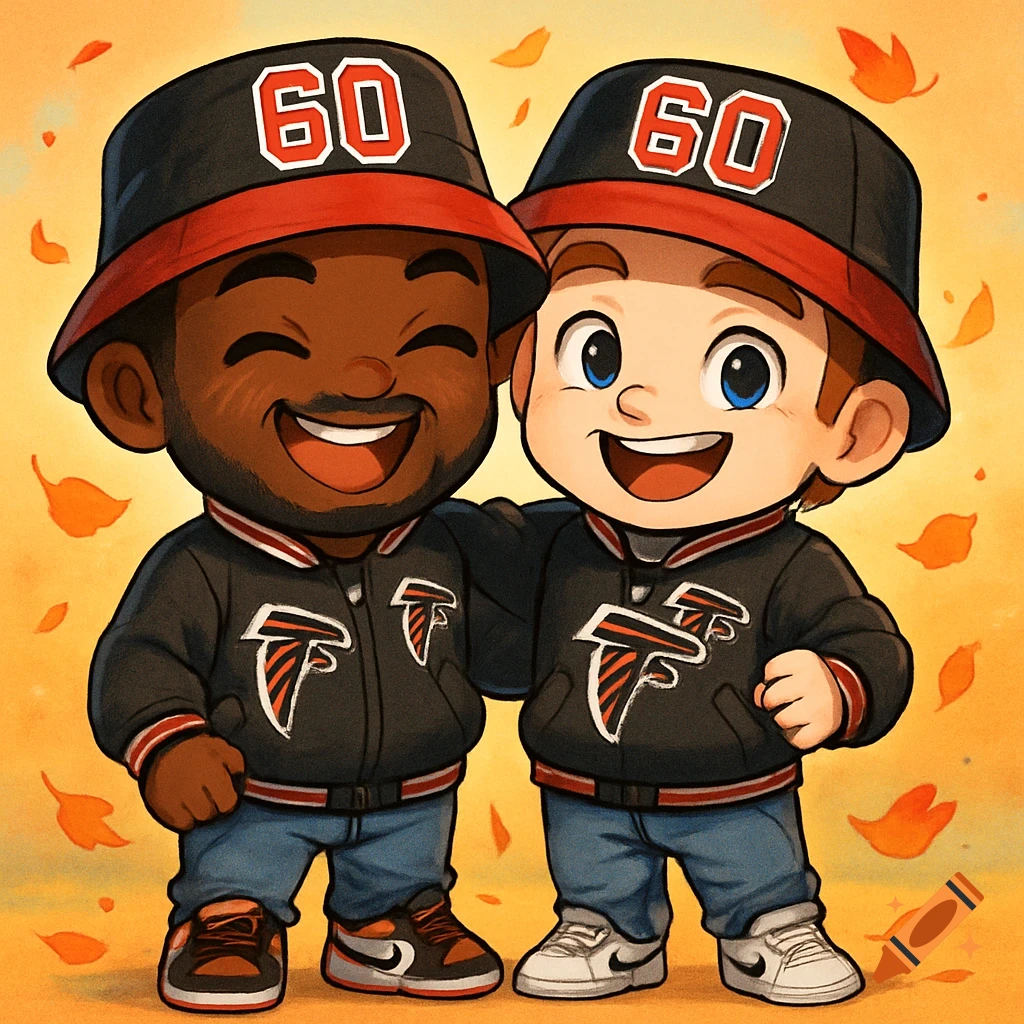 Two smiling chibi-style men, one Black and one White, in matching '60' bucket hats, Atlanta Falcons jackets, and jeans, on an autumn background.
