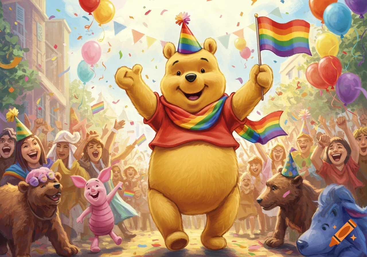Winnie the Pooh, Piglet, and friends celebrate at a vibrant pride parade, Pooh wearing a rainbow scarf, holding a rainbow flag, surrounded by people and confetti.