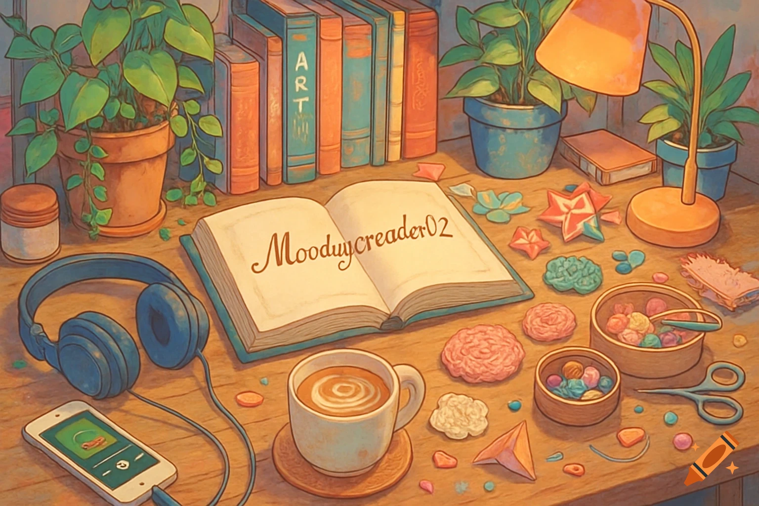 A cozy, anime-style illustration of a desk with an open book, headphones, a phone, plants, crafts, and a cup of coffee.