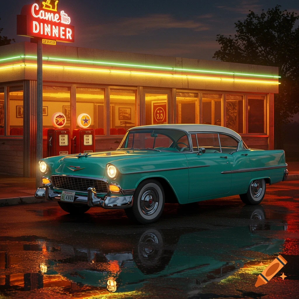 A teal and white 1950s Chevrolet car parked in front of a neon-lit diner at night, reflecting on a wet street.