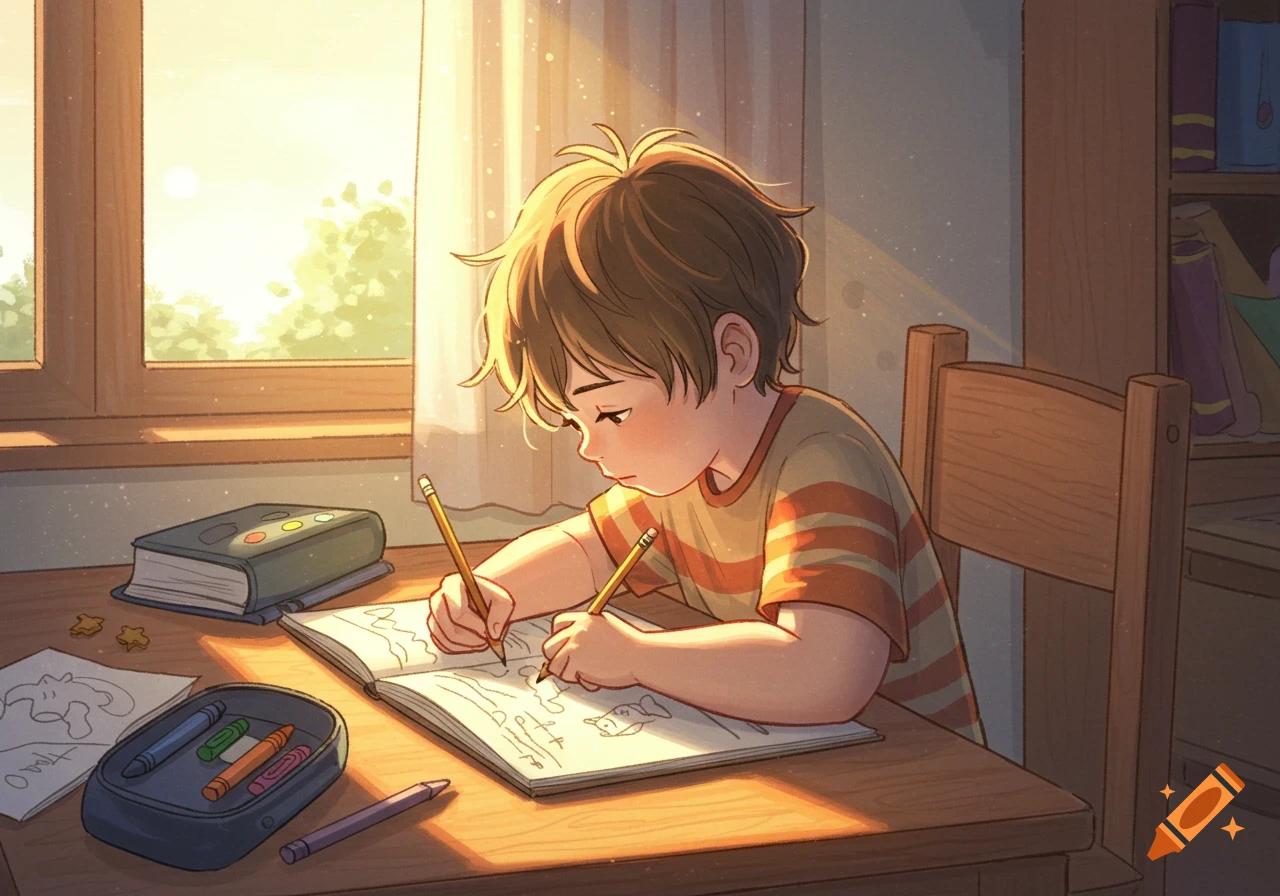 An illustration of a young boy with brown hair drawing in a sketchbook at a wooden desk by a sunny window, with crayons and books nearby.