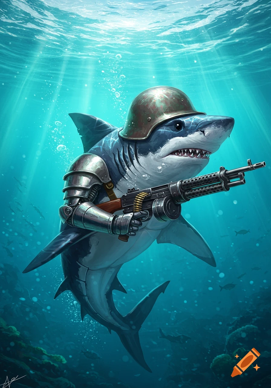 An armored shark wearing a military helmet holds a machine gun, swimming underwater with sunlight filtering through the surface.