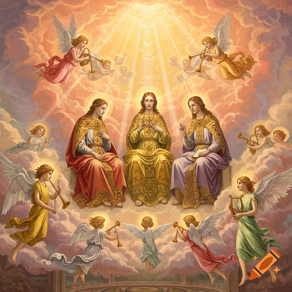 Renaissance painting of the Holy Trinity and angels on clouds, bathed in celestial light.