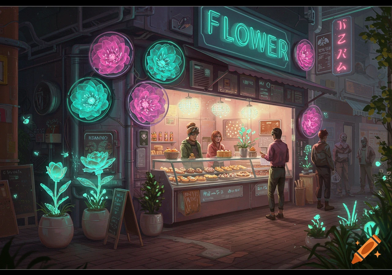 A vibrant cyberprep flower shop and bakery at night with glowing neon lotus flowers, customers, and glowing plants.