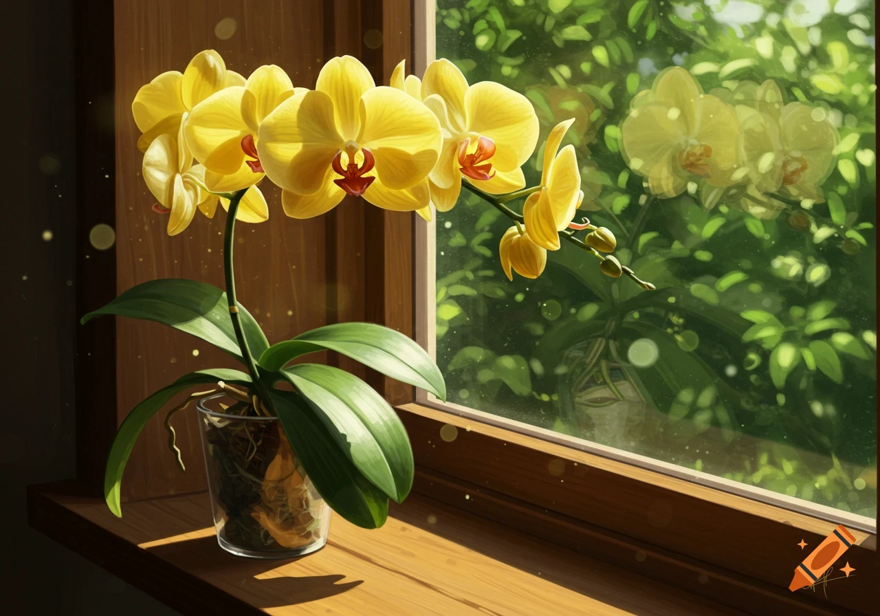 A vibrant yellow phalaenopsis orchid in a clear pot on a sunlit wooden window sill, with green foliage outside.