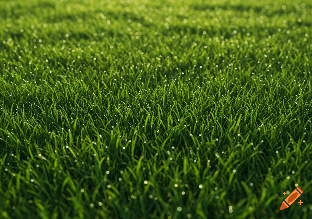 Close-up of vibrant green grass blades covered in glistening dew drops under soft light.