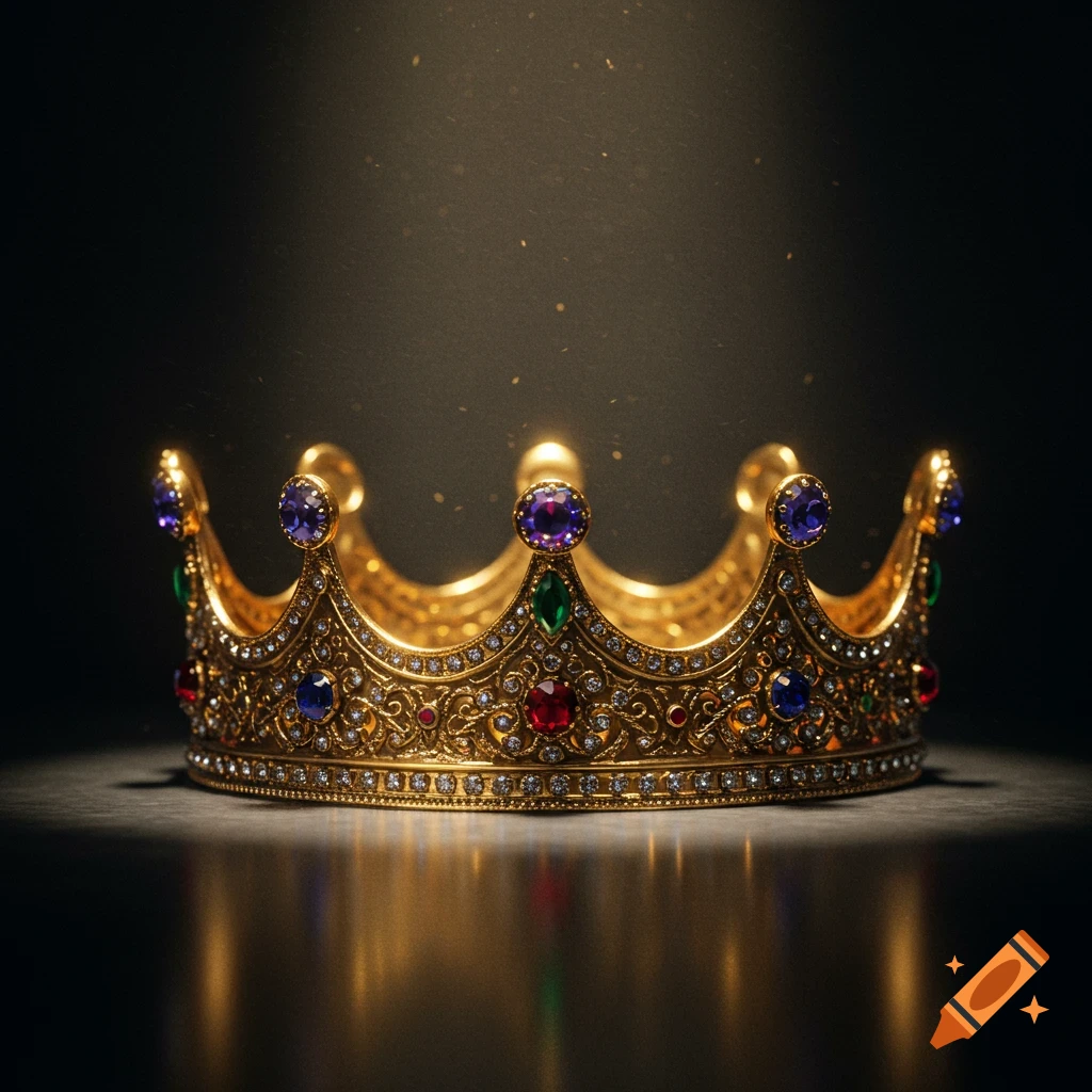 A detailed golden crown adorned with colorful jewels, glowing on a dark surface with light particles.