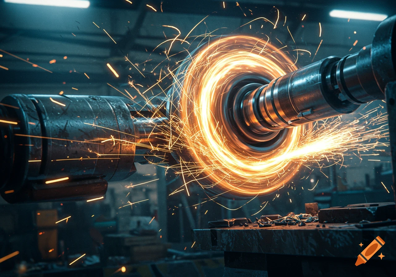A close-up of a metal part being machined, emitting a shower of bright orange sparks in a dark industrial setting.