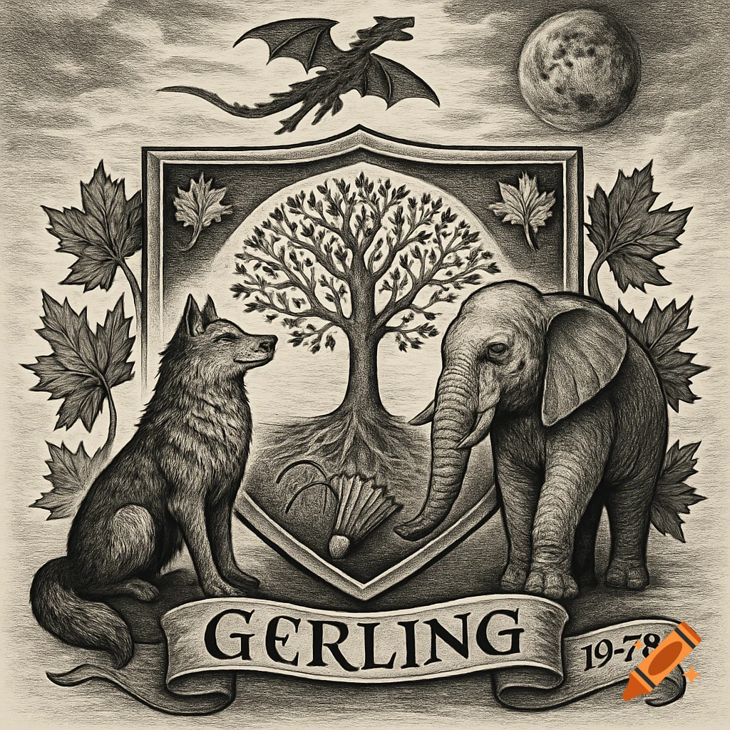 A detailed pencil sketch of a medieval fantasy coat of arms with a wolf and an elephant flanking a tree, a dragon above, and a banner reading "GERLING 19-78" below.