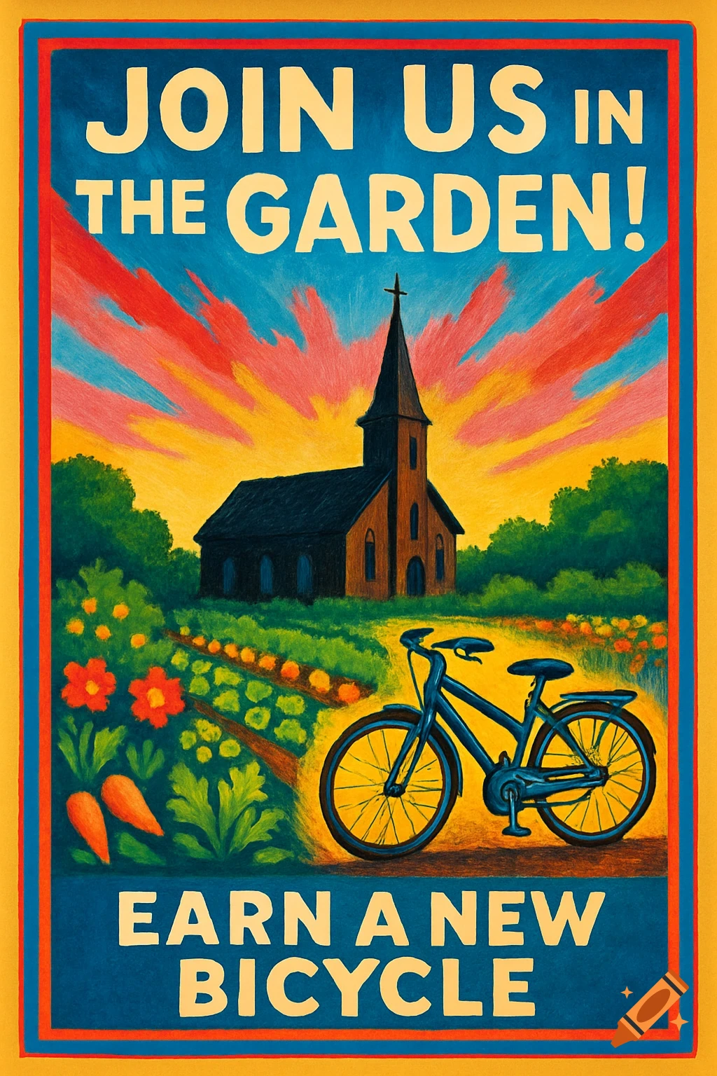 A colorful poster shows a church in a vibrant garden with a bicycle. Text reads "JOIN US IN THE GARDEN!" and "EARN A NEW BICYCLE".
