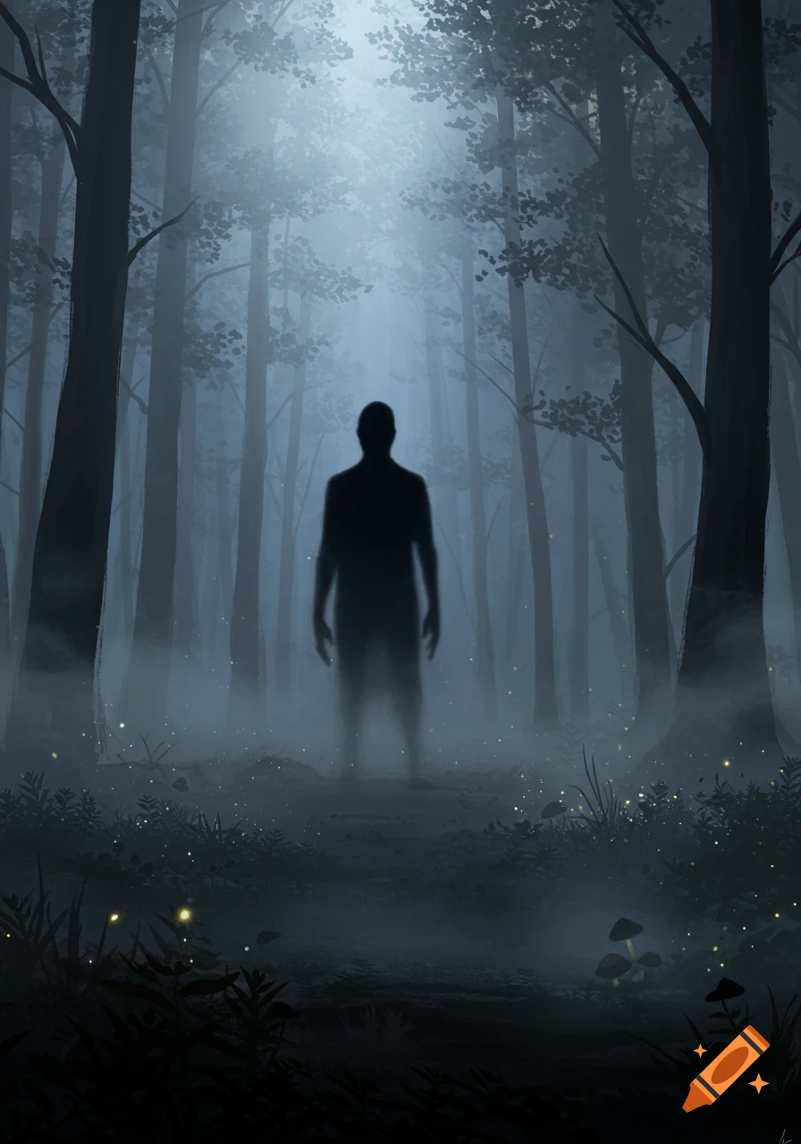A shadowy figure stands in a foggy, dark forest with glowing fireflies in a digital painting style.