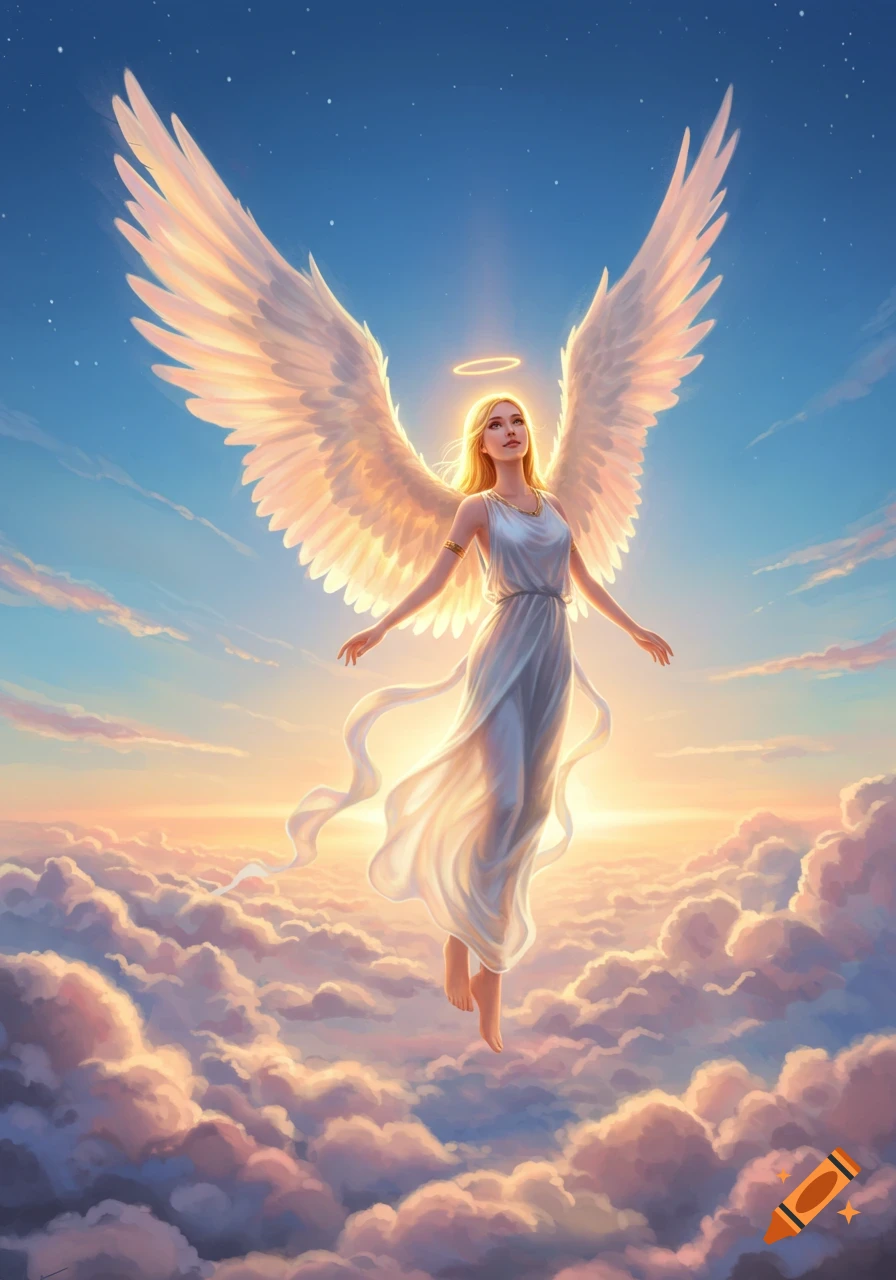 A blonde angel with large white wings and a halo floats gracefully above fluffy clouds during sunset, wearing a flowing white dress.