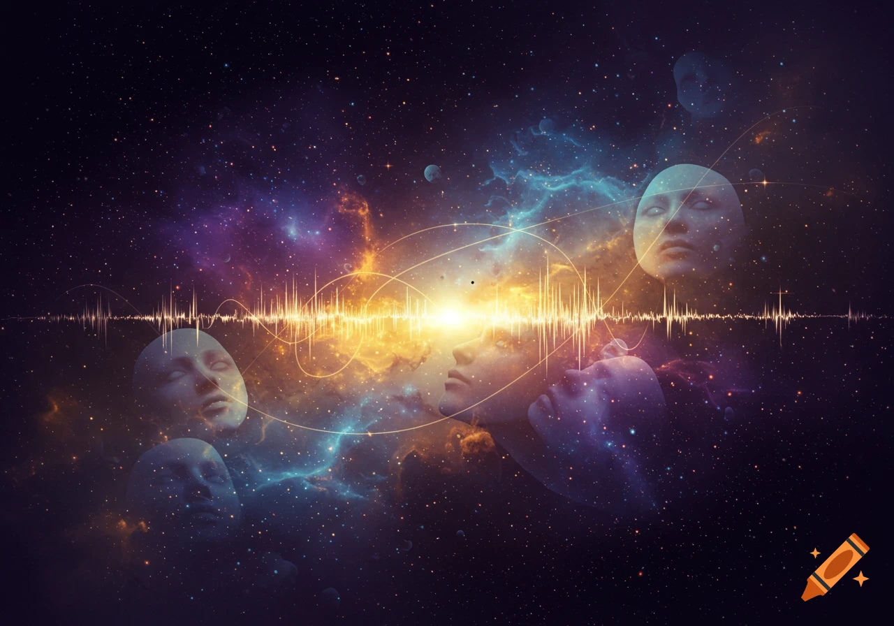 Abstract human faces emerging from nebulas and stars in a cosmic void, with a glowing golden sound wave across the center.