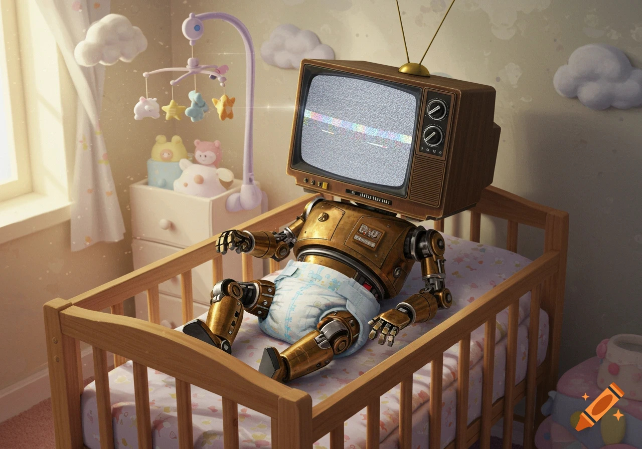A gold-colored robot with an old TV for a head, wearing a diaper, lies in a wooden baby crib in a cozy nursery.