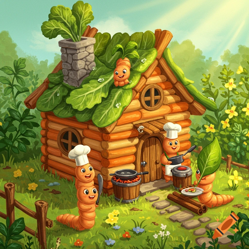 Whimsical cartoon of anthropomorphic chef worms cooking outside a house made of carrots and leaves in a sunny garden.