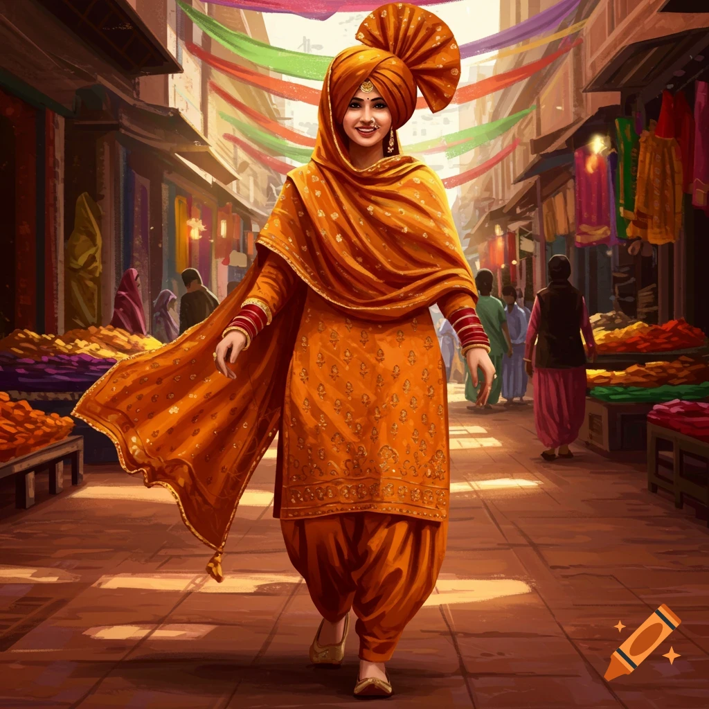 A woman in a vibrant orange Punjabi suit and turban smiles while walking through a colorful, bustling market.