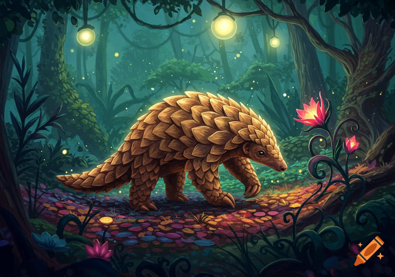 A stylized pangolin in a mystical, glowing jungle at night, walking past vibrant pink flowers and floating lights.