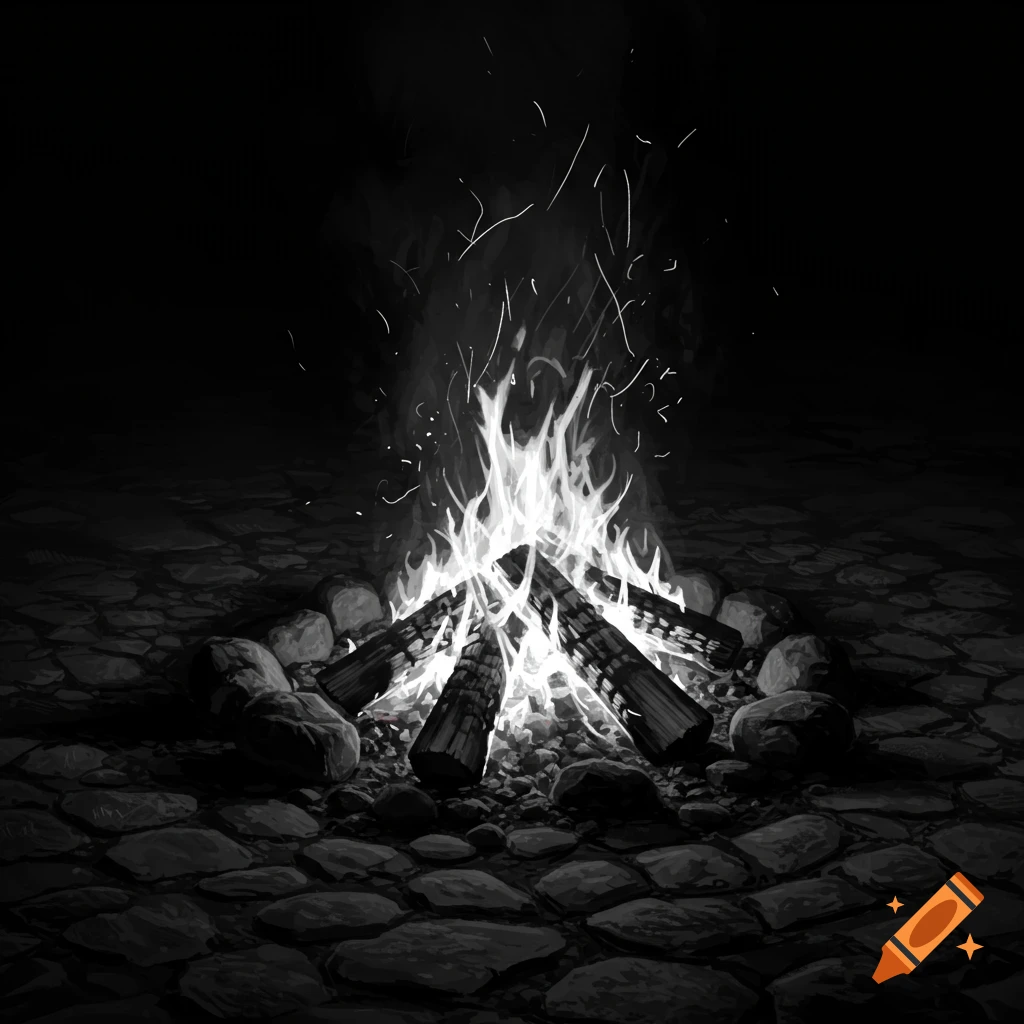 A grayscale illustration of a crackling campfire with logs and rocks, against a dark background, with sparks flying upwards.