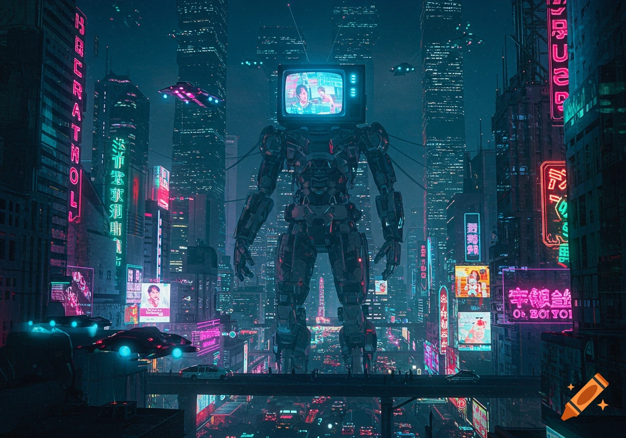 Giant robot with a TV head stands in a dark, neon-lit cyberpunk city with flying vehicles and towering skyscrapers.
