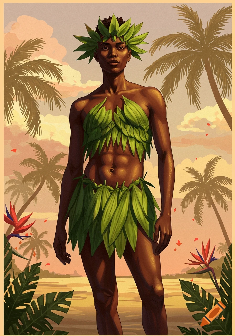 An illustration of a dark-skinned person wearing a leaf crown and leaf clothing, standing on a tropical beach at sunset.