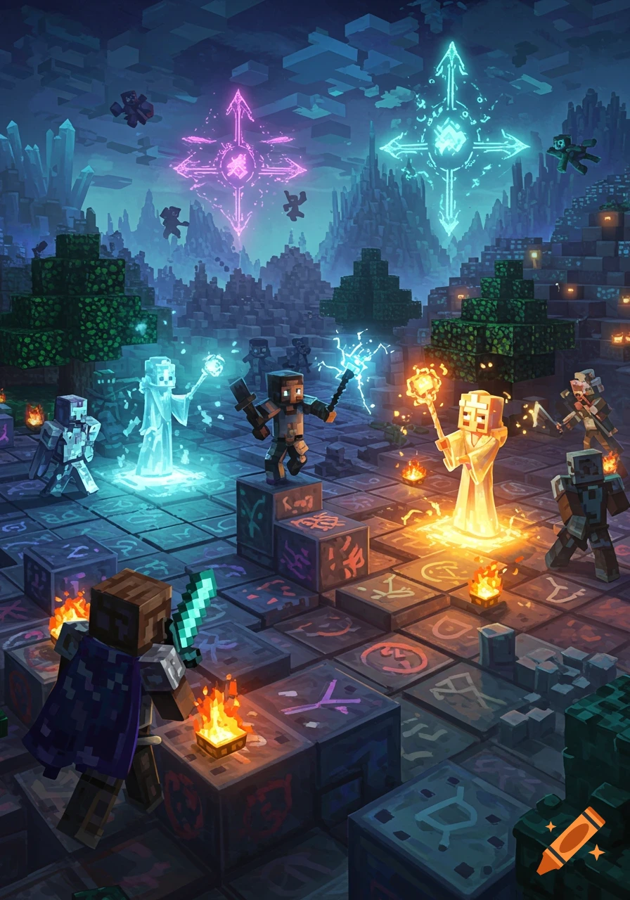 Minecraft-style fantasy battle with blocky characters casting glowing spells and fighting on a rune-covered ground under a night sky.