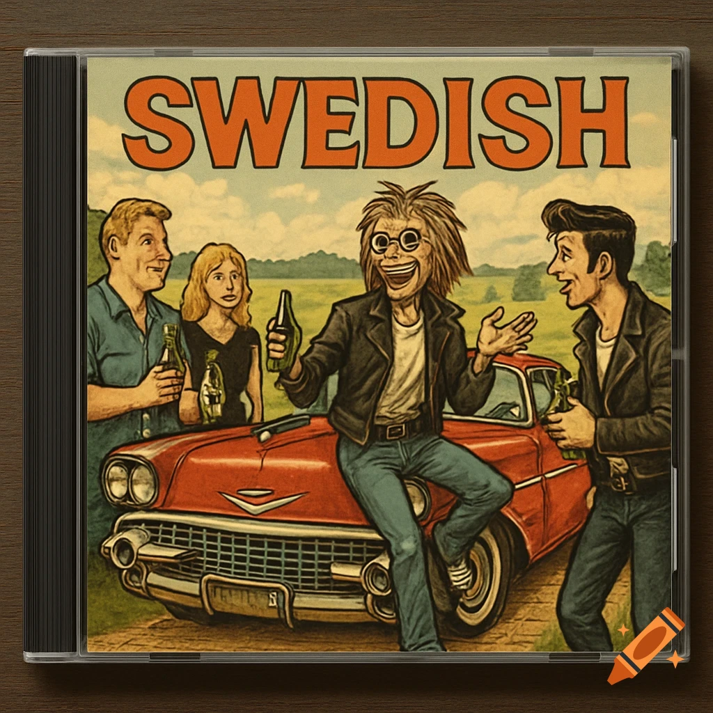 Cartoon CD cover with 'SWEDISH' text, showing four people with beer bottles around a red vintage Cadillac in a rural setting, in a retro style.