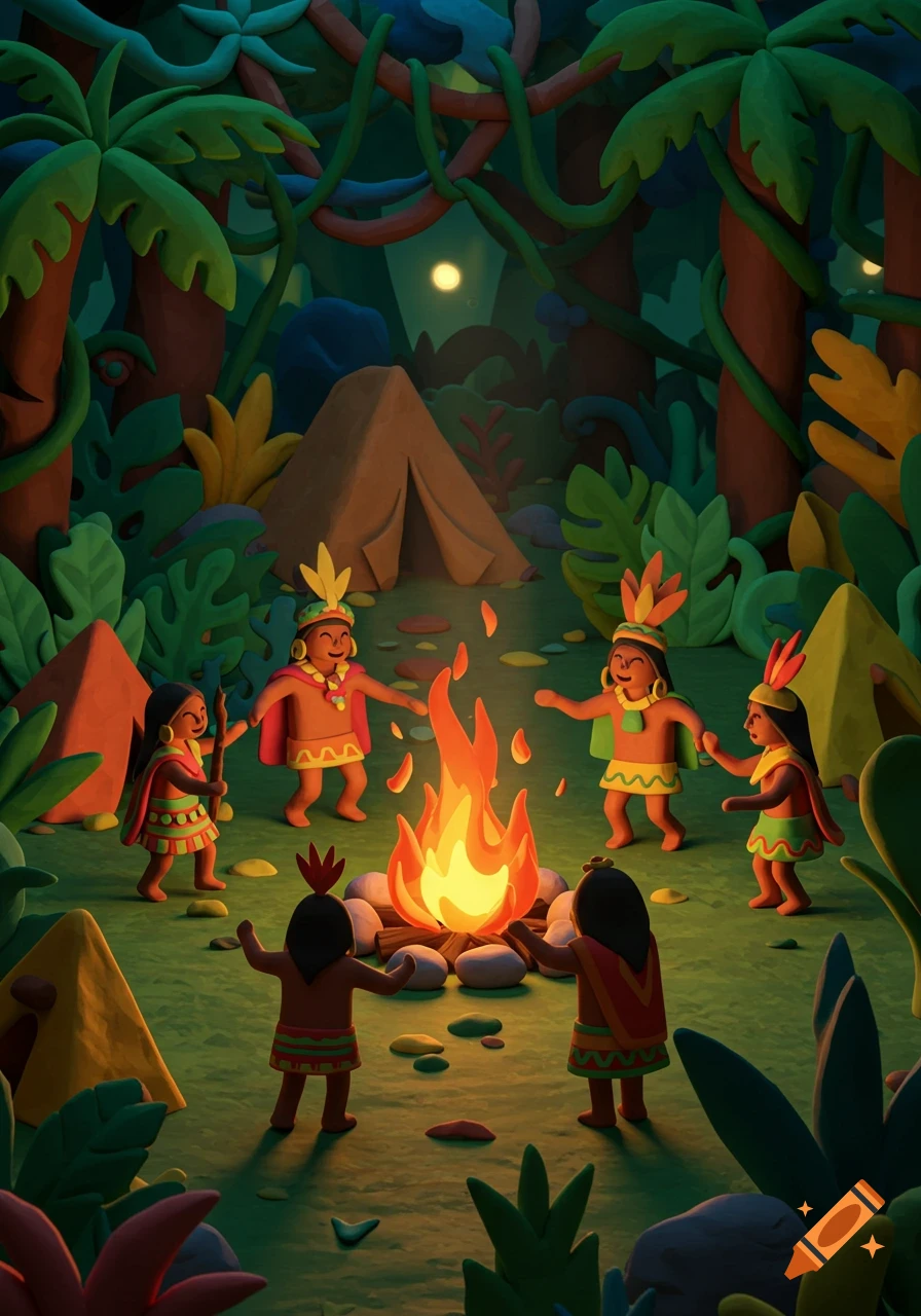 Playdough art of Inka people dancing around a campfire in a moonlit jungle with tents.