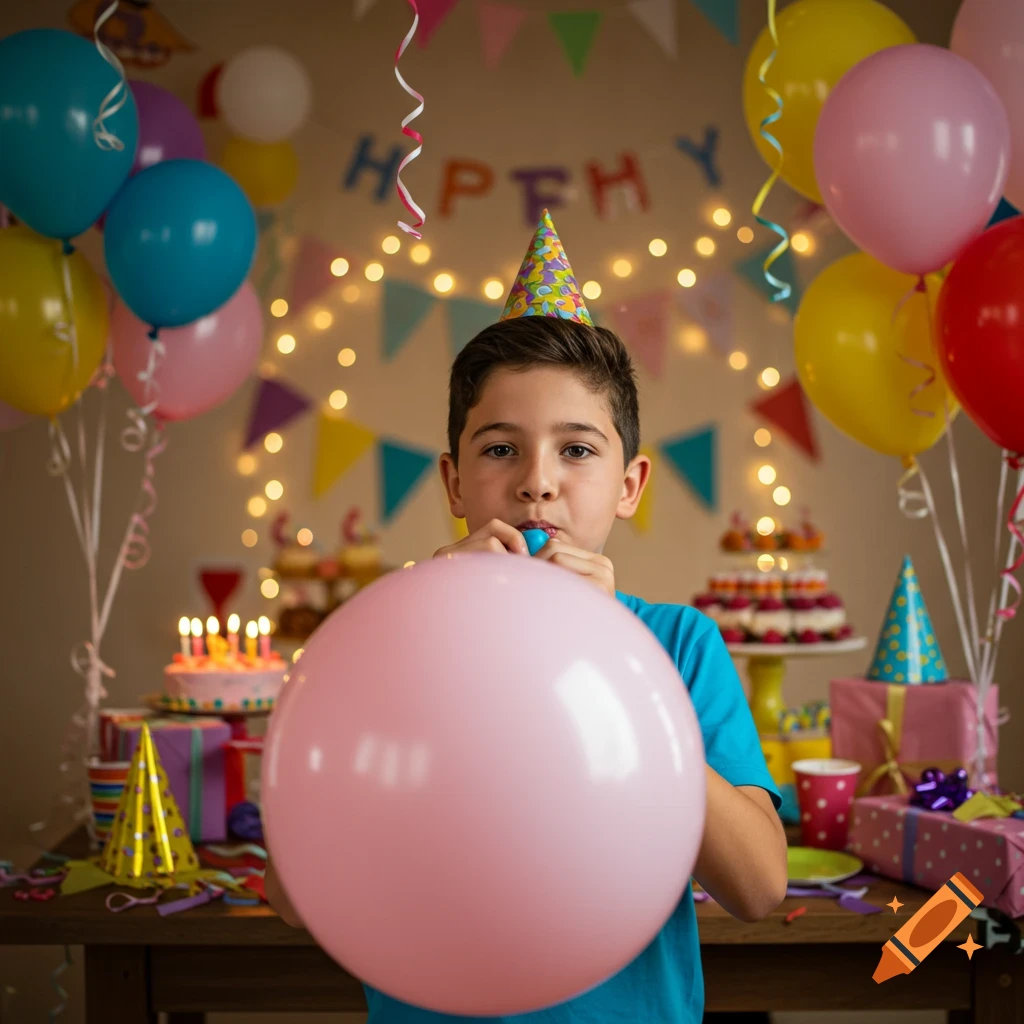 A boy with a party hat blowing into a large pink balloon at a brightly decorated birthday party with balloons, cake, and gifts.