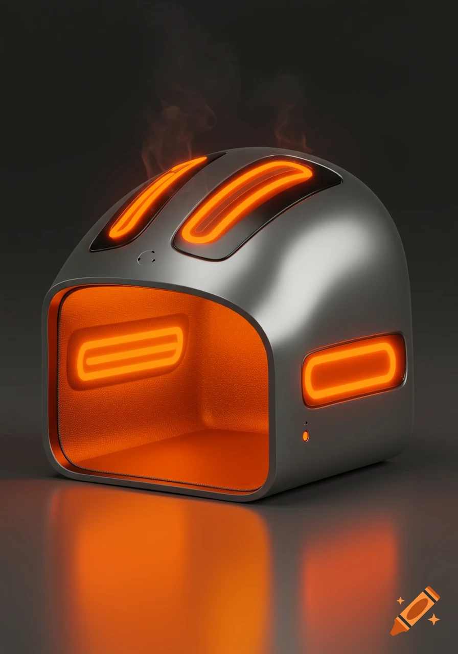 Sleek, futuristic silver oven with glowing orange heating elements and steam rising from slots.