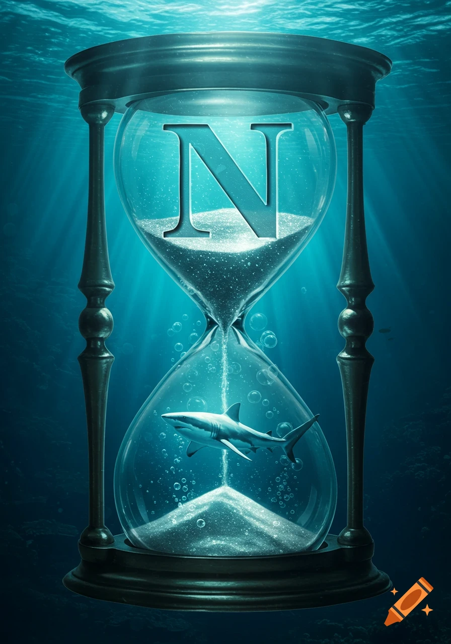 An hourglass submerged in the ocean, showing a large letter N in the top and a shark in the bottom bulb.