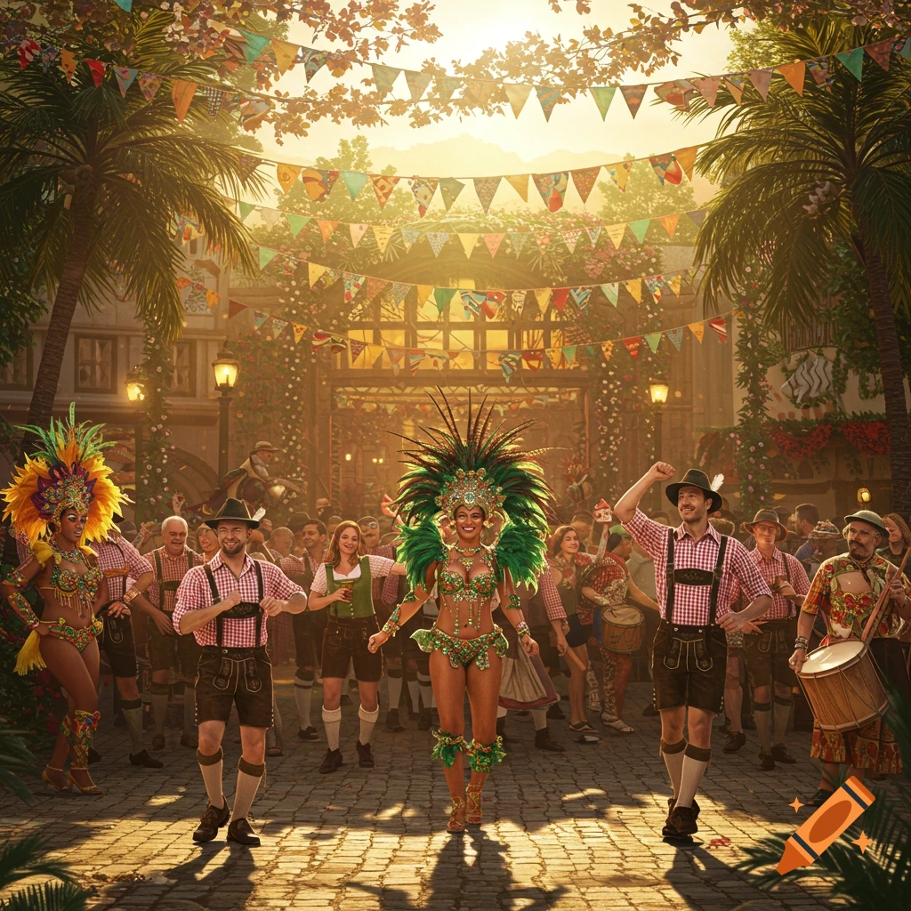 A vibrant outdoor festival featuring dancers in elaborate carnival costumes and men in traditional German lederhosen, under festive banners and palm trees.