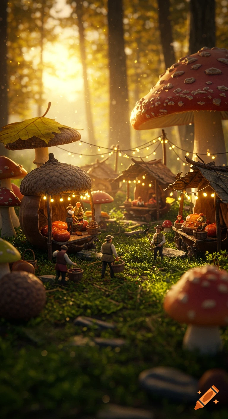 Photorealistic image of tiny people harvesting and selling mushrooms in a magical forest market with string lights and giant mushrooms.