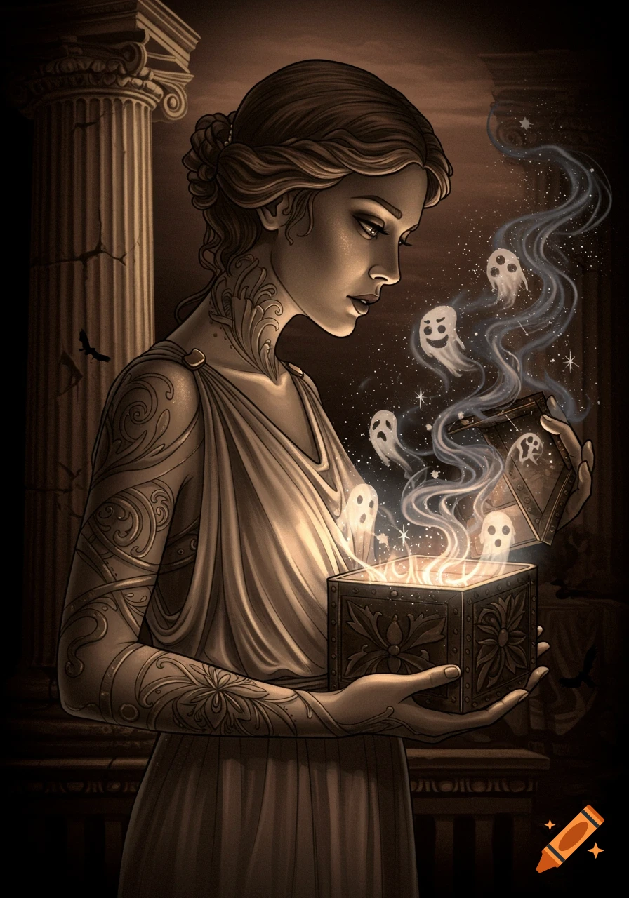 A sepia-toned illustration of Pandora opening a decorated box from which stylized ghosts and light emerge, set against ancient ruins.