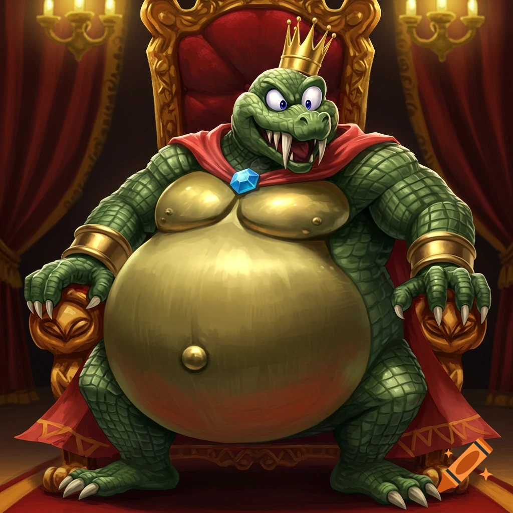 King K. Rool, a green crocodile king with a large golden belly and red cape, sits on a red ornate throne.