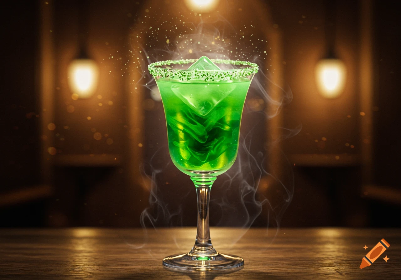 A vibrant green fantasy cocktail with a glittered rim, large ice cube, and wisps of smoke, on a wooden bar.