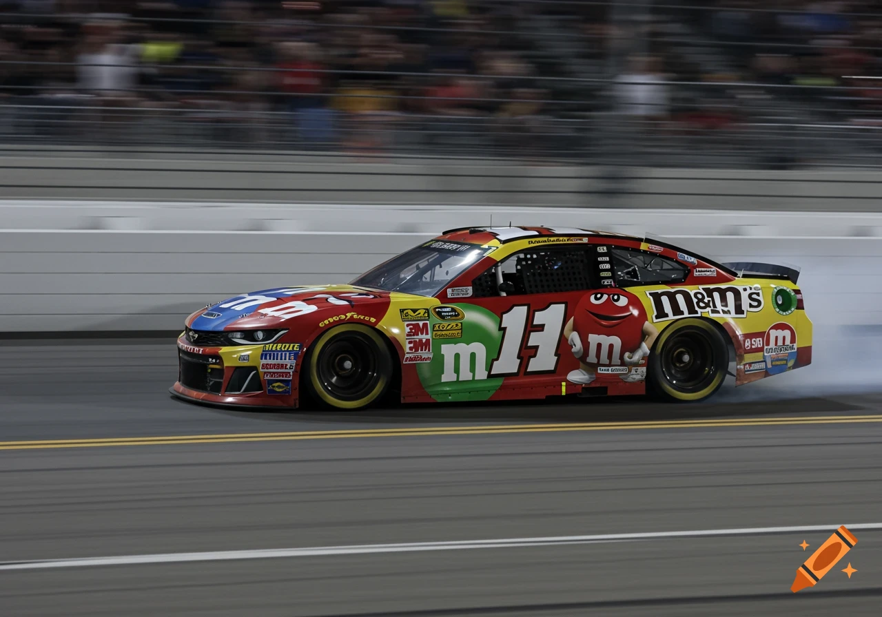 A red and yellow M&M's sponsored NASCAR race car with number 11 speeding on a track, blurred background, photorealistic style.