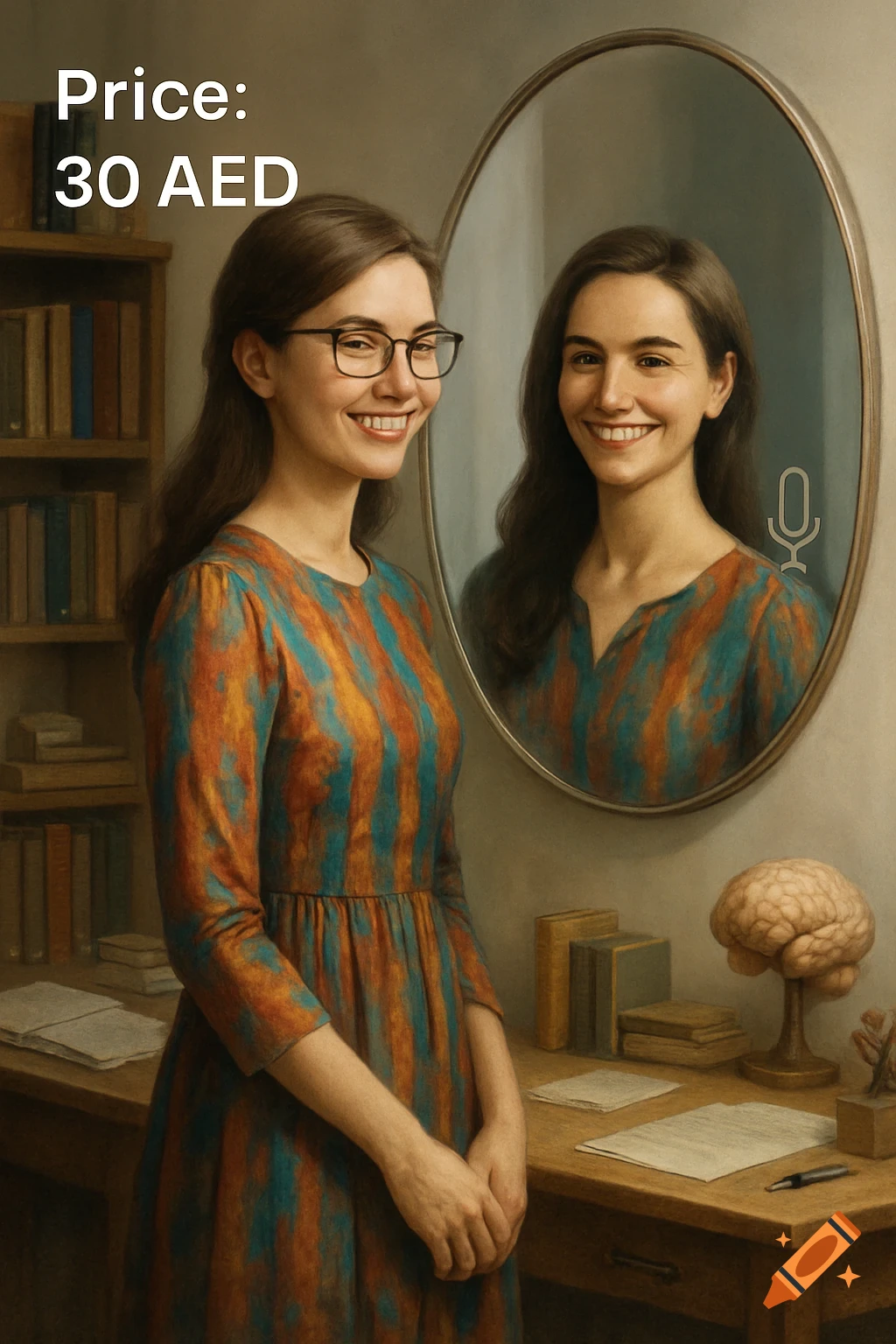 A smiling young woman in a striped dress stands in a study, her reflection in a mirror, with 'Price: 30 AED' text.