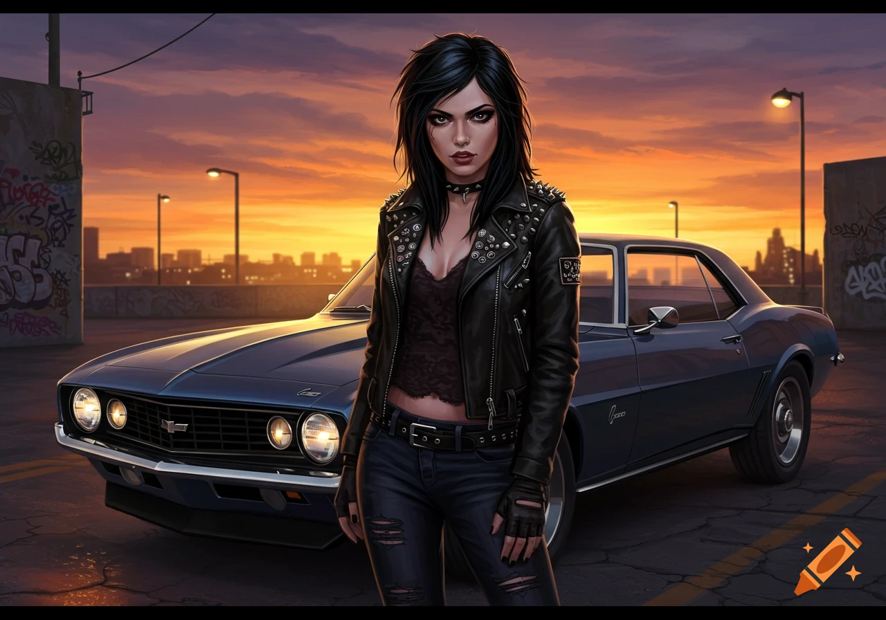 An alternative woman in a studded leather jacket stands by a blue muscle car at sunset in an urban setting.