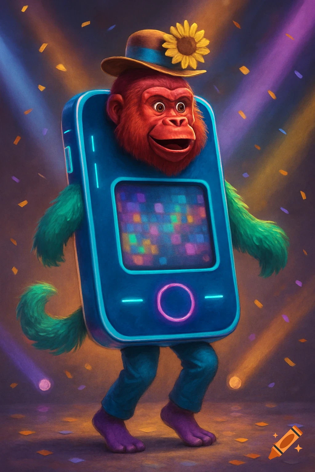 A red gorilla in a blue phone costume with a sunflower hat, green furry arms and tail, and purple feet dances under colorful lights and confetti.