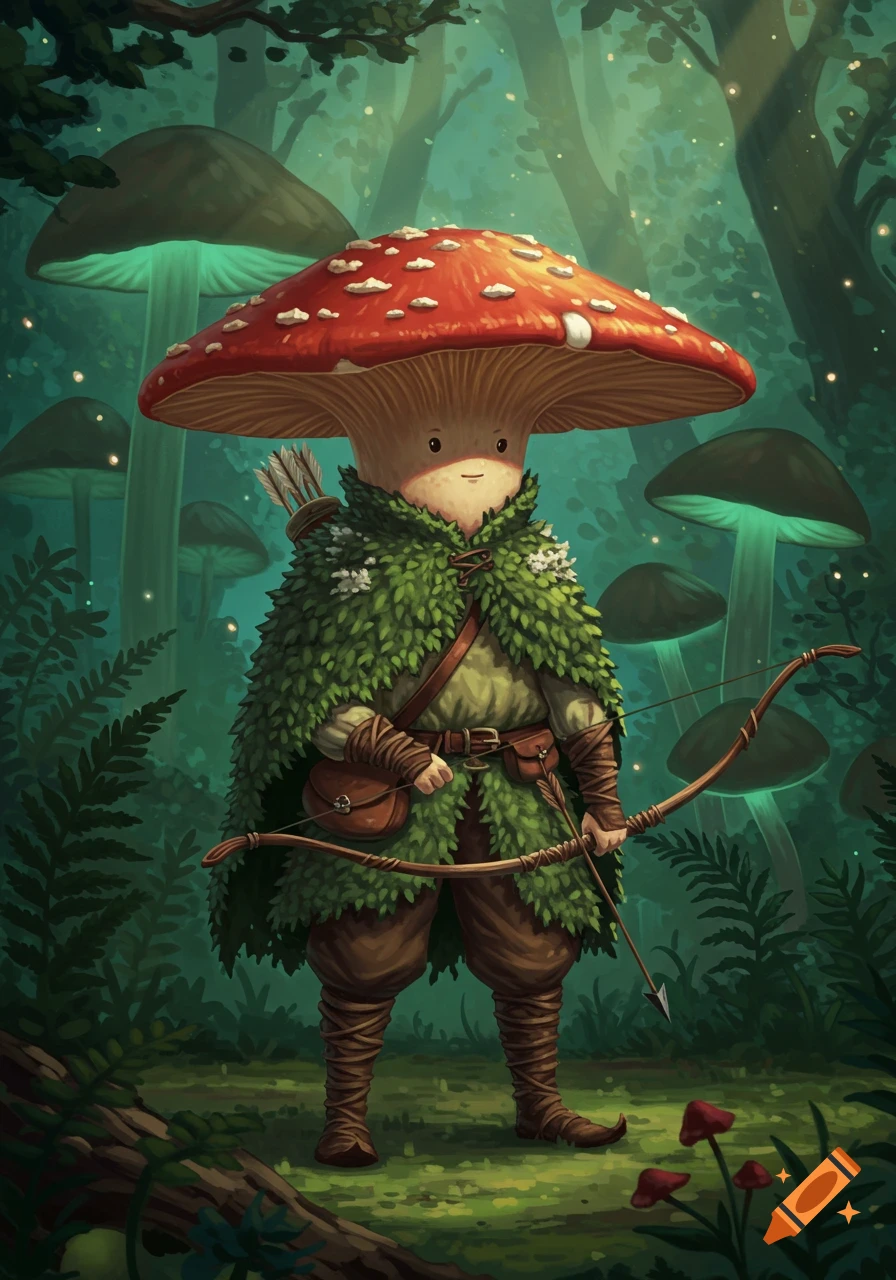 A cute mushroom character, dressed as a ranger with a bow and quiver, stands in a magical forest with glowing mushrooms. Illustration.