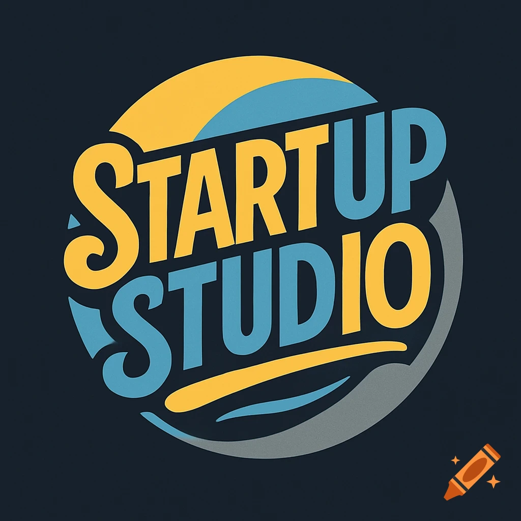 A circular logo for 'STARTUP STUDIO' with yellow and blue bold text, featuring a sun-like graphic in yellow, blue, and gray on a dark background.