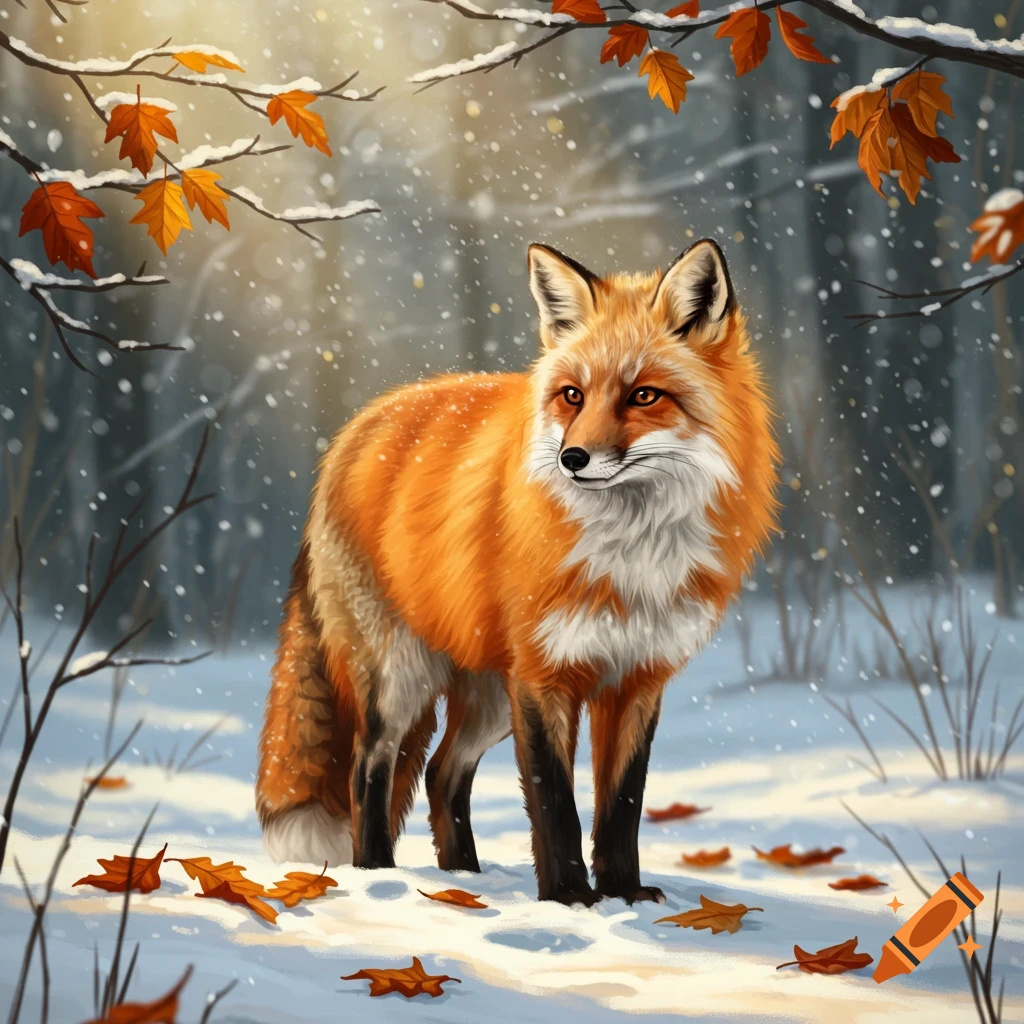 A vibrant orange and white fox stands in a snowy forest, surrounded by bare branches with colorful autumn leaves and falling snow.
