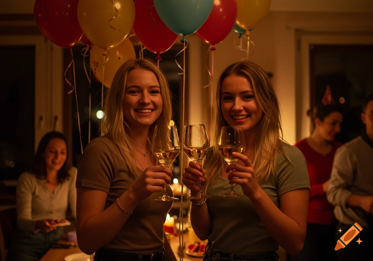 Two smiling young women hold wine glasses at an indoor party with colorful balloons in the background, photorealistic style.