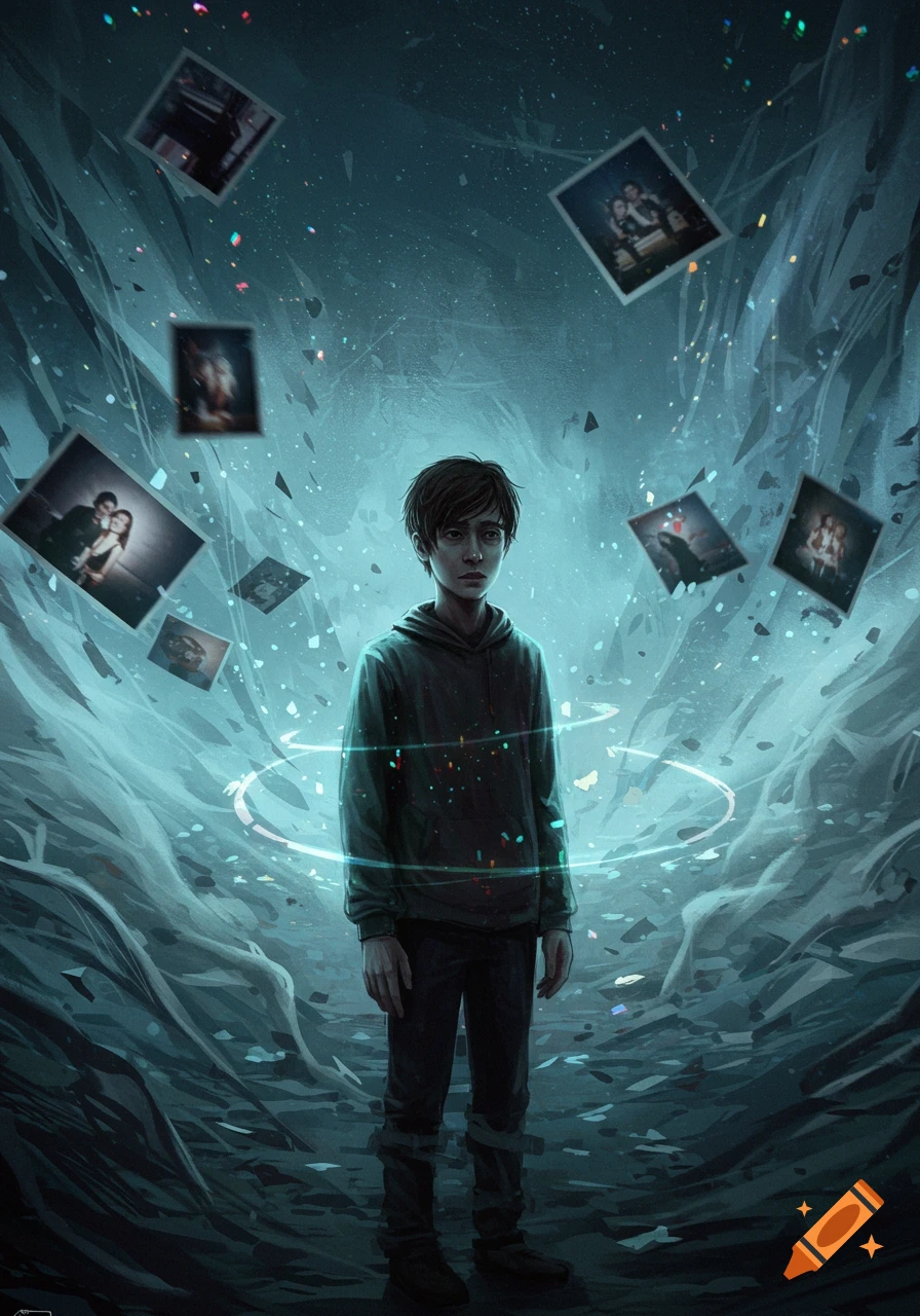 A sad boy stands in a glowing blue cave, surrounded by floating blurry photos and sparkling particles, in a digital painting.