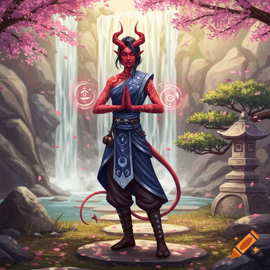A red-skinned tiefling woman with horns and tail meditates in a blue robe amidst cherry blossoms, a waterfall, and a stone lantern.