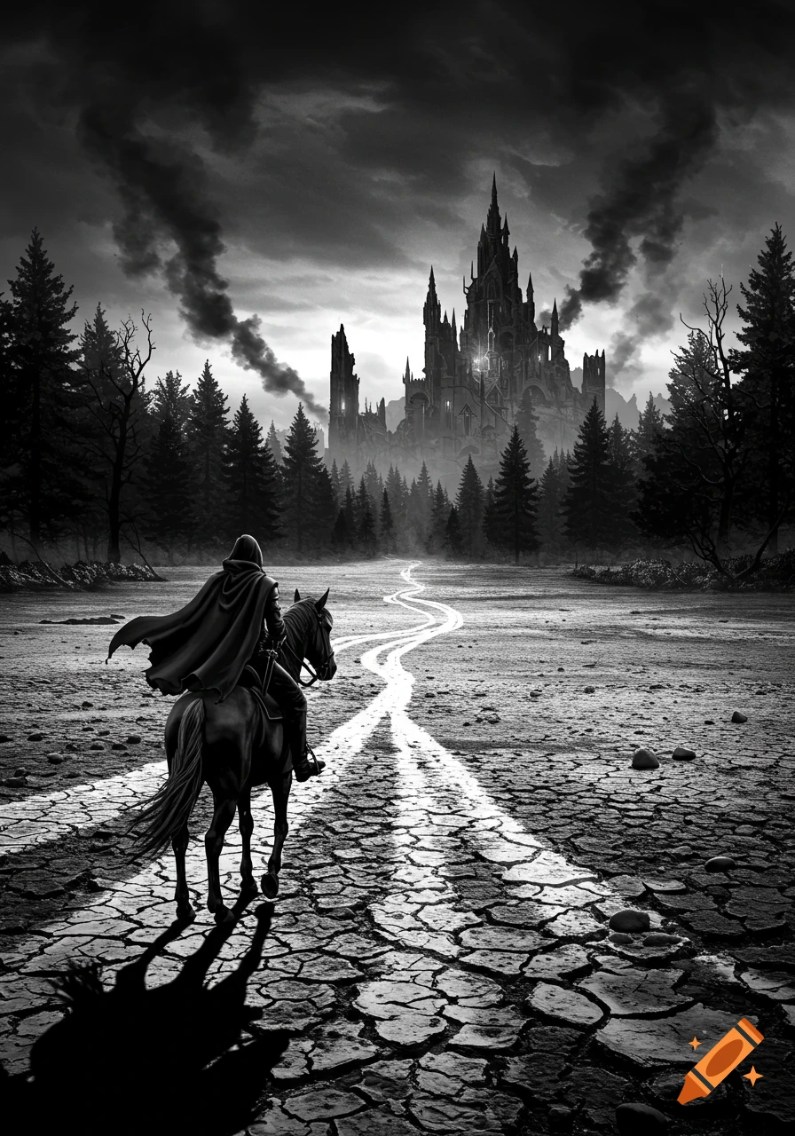 Black and white illustration of a cloaked rider on horseback on a cracked path, approaching a dark gothic castle and forest under a stormy sky.